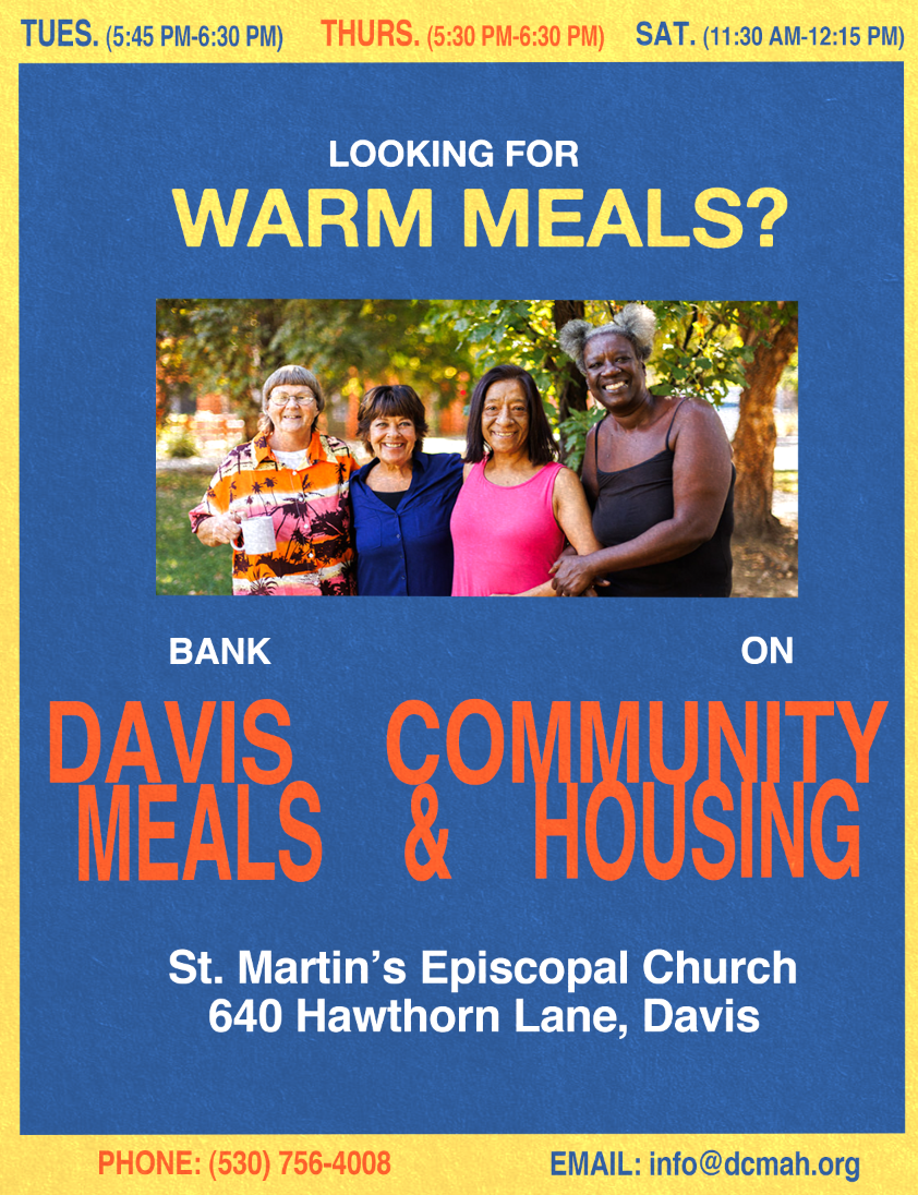 Poster for Davis Community Meals & Housing advertising warm meals at St. Martin's Episcopal Church